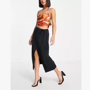 Satin wrap midi skirt in black - River Island - Size US 12 - ASOS NWT